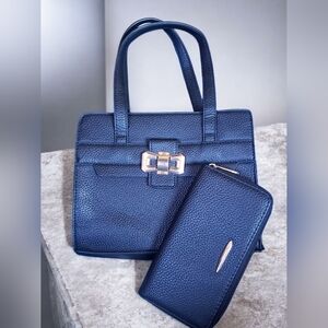 Structured Navy Black Faux Leather Tote with Matching Wallet NWOT